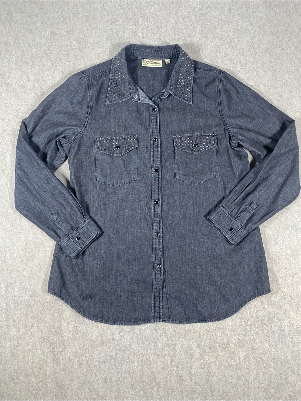 DG2 Diane Gilman Rhinestone Chambray Denim Western Snap Shirt Women’s M